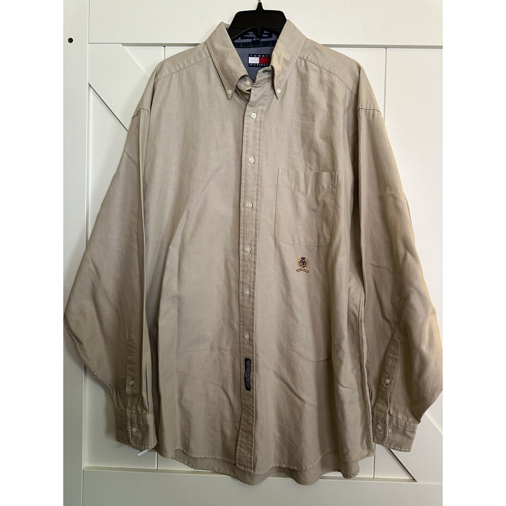 Classic Tommy Hilfiger Shirt Mens 16‎ 1-2 Khaki Crested Cotton